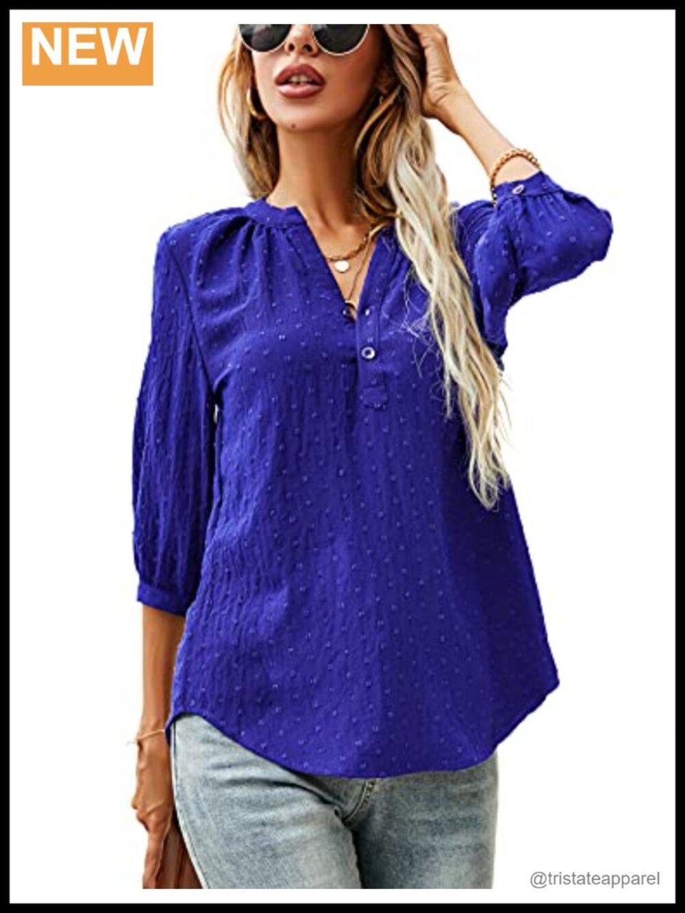 Women's Swiss Dot 3/4 Sleeve Henley Blouse